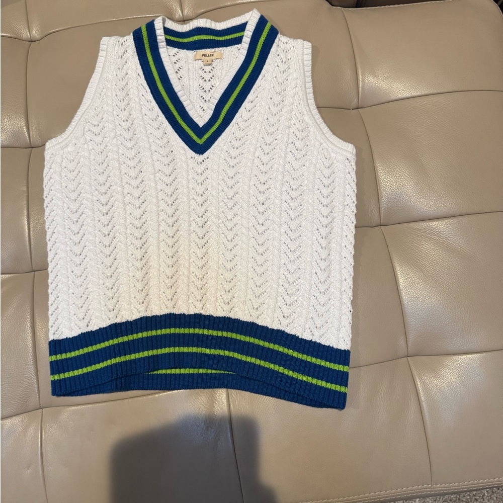 Feller White Knit Sweater Vest with Blue and Green Stripes, Preppy, Golf